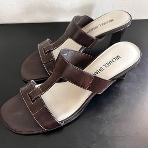 Michael Shannon leather brown heeled sandals, size 8 womens